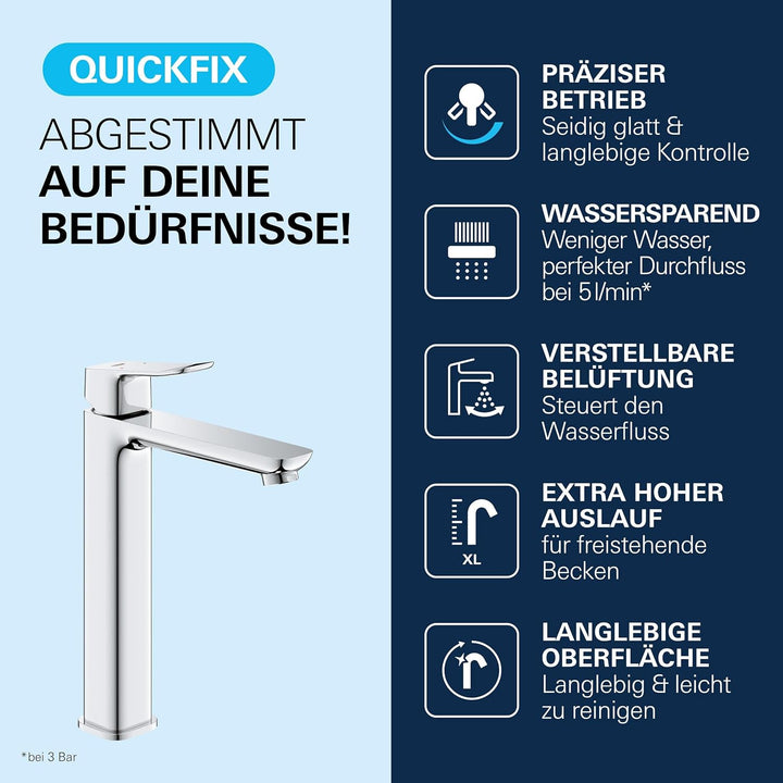 GROHE Dice, Waschtischarmatur hoch, wassersparend (Wasserhahn für das Bad, Badarmatur mit Zugstangen