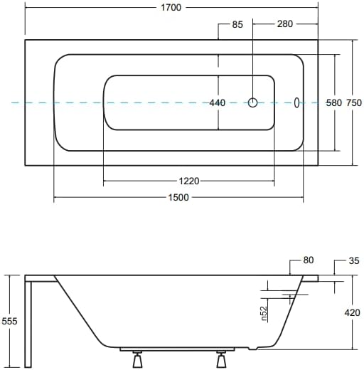 KOLMAN Badewanne TALIA Rechteck 170x75 mit AcrylSchürze, Ablaufgarnitur und Füssen Komplettset 4in1