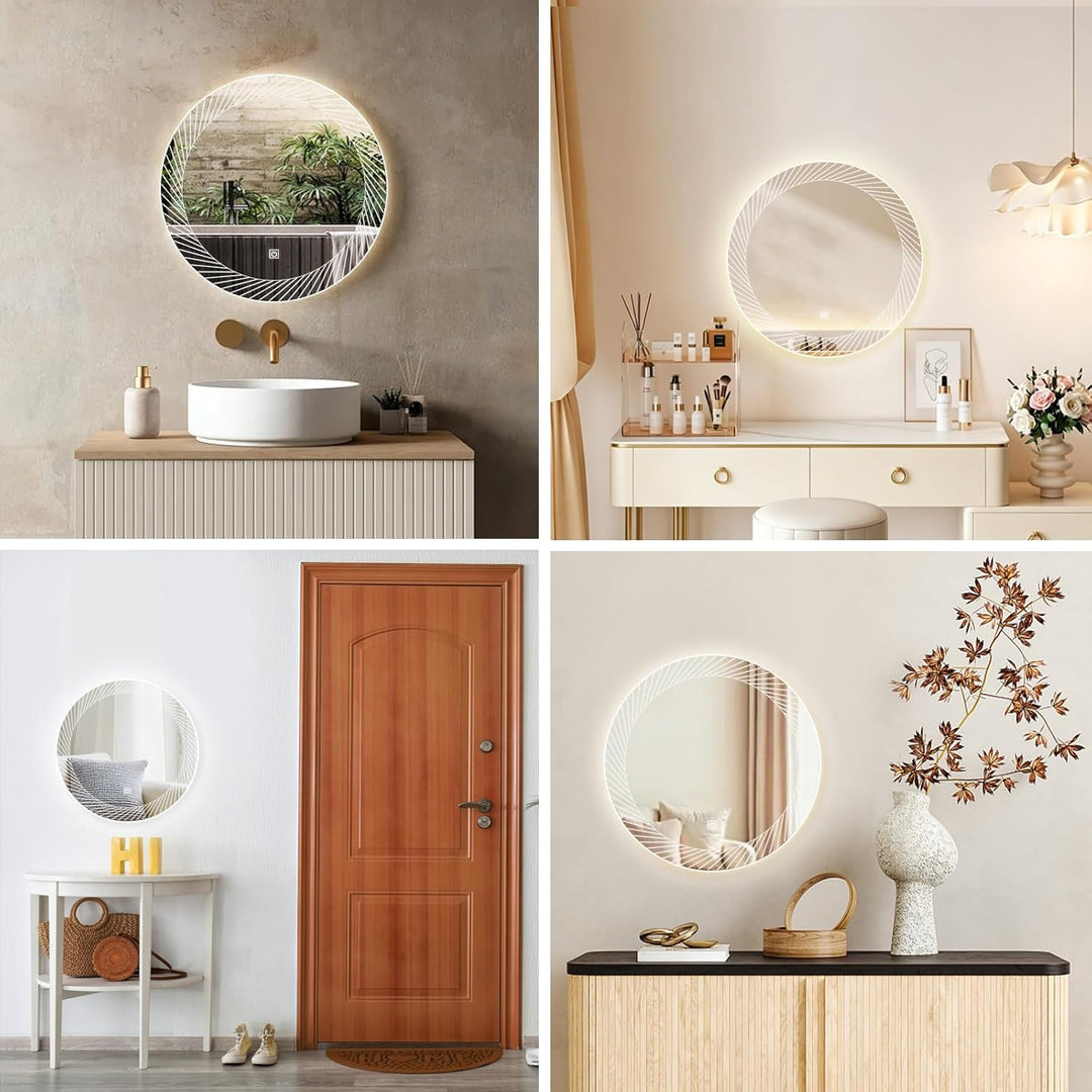 Rund Badezimmer Wandspiegel, Badspiegel Mit Beleuchtung, 50cm Spiegel mit LED Linienmuster Licht, To