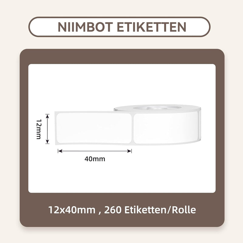 NIIMBOT Thermo Etiketten Selbstklebend, 12 x 40mm Etikettendrucker Thermopapier Kompatibel mit dem D