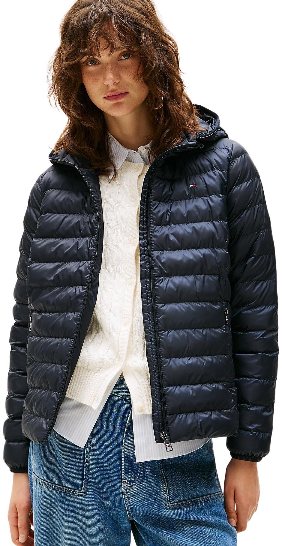 Tommy Hilfiger Damen Daunenjacke Padded Global Stripe Jacket mit Kapuze XXS Blau (Desert Sky), XXS B