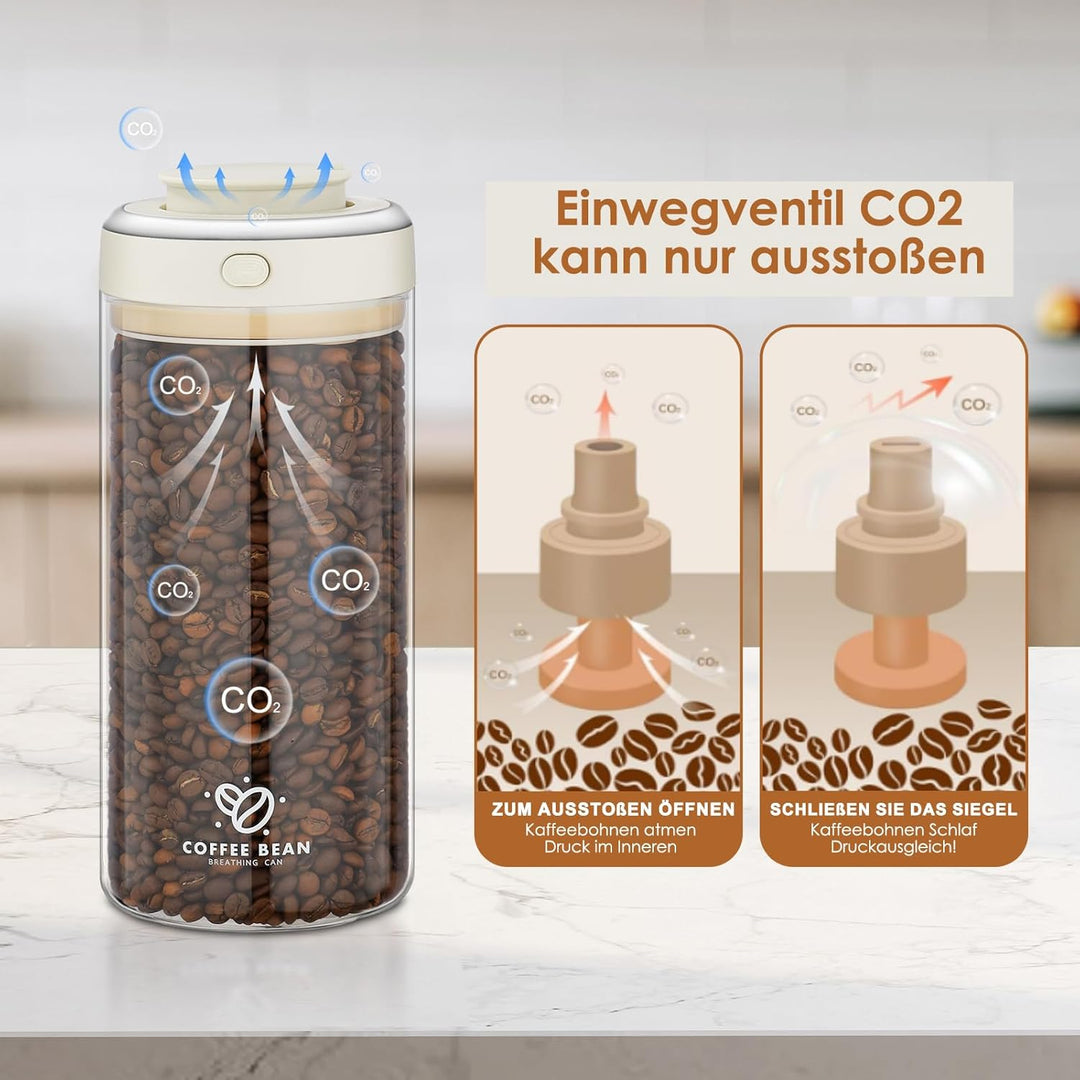 Kaffeedose Luftdicht 500g Bohnen, 1.7L Kaffeebehälter mit Vakuumdeckel, Borosilikatglas Vakuumbehält