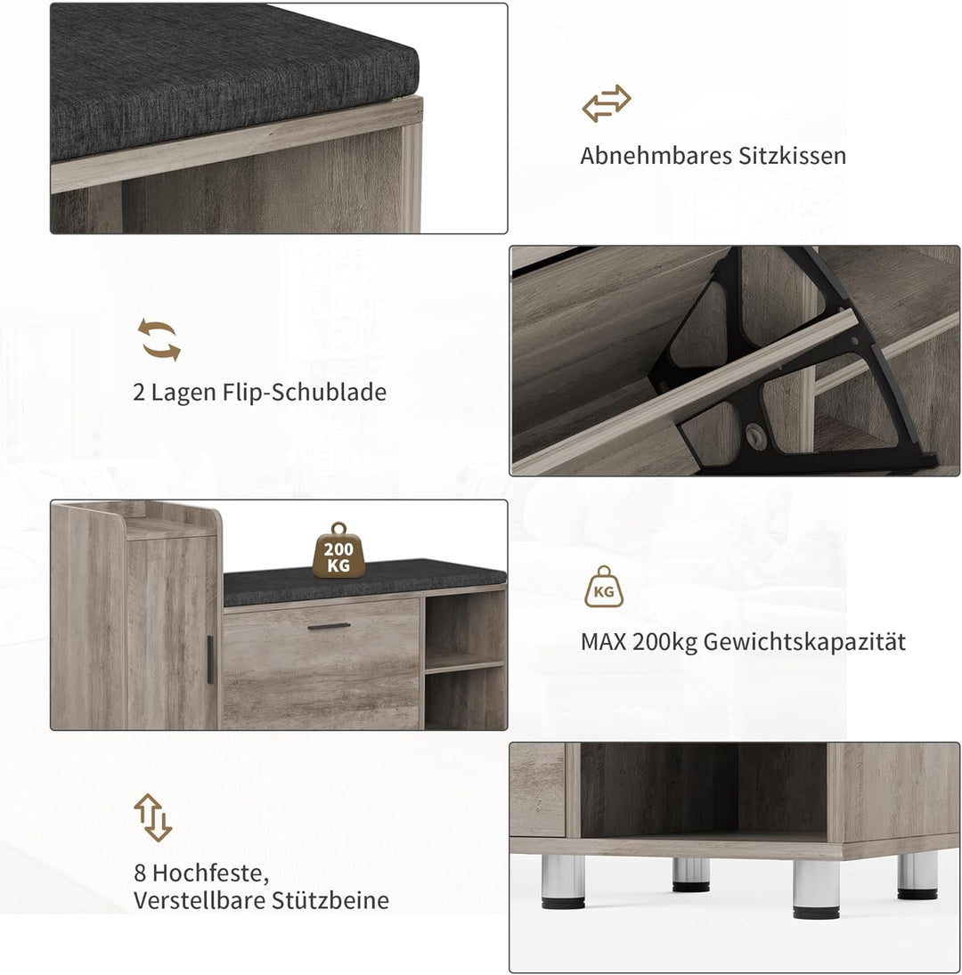 Schuhbank mit Sitzfläche, Klappfach mit Verstellbarer Trennwand, Höhenverstellbar, Schuhschrank mit