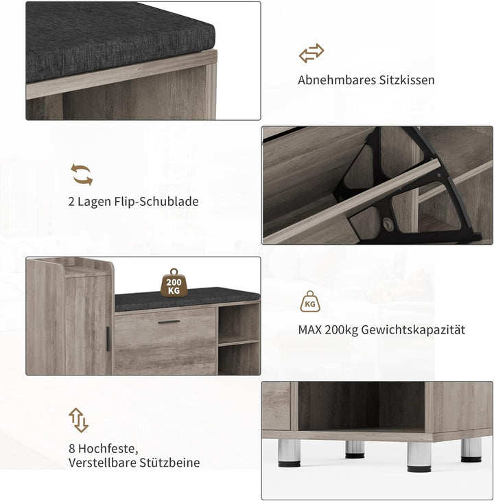 Schuhbank mit Sitzfläche, Klappfach mit Verstellbarer Trennwand, Höhenverstellbar, Schuhschrank mit
