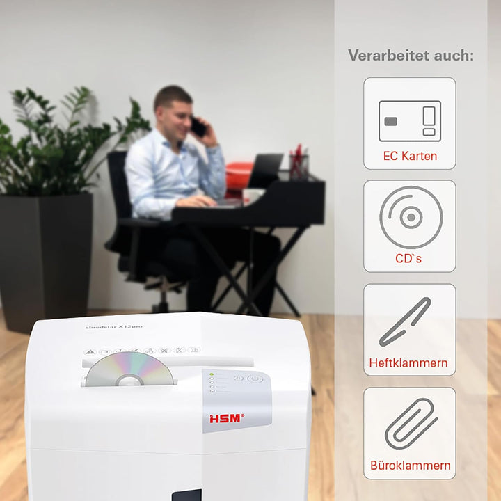 HSM shredstar X12pro Office Aktenvernichter, Partikelschnitt P5, 12 Blatt, mit separatem CD Schredde