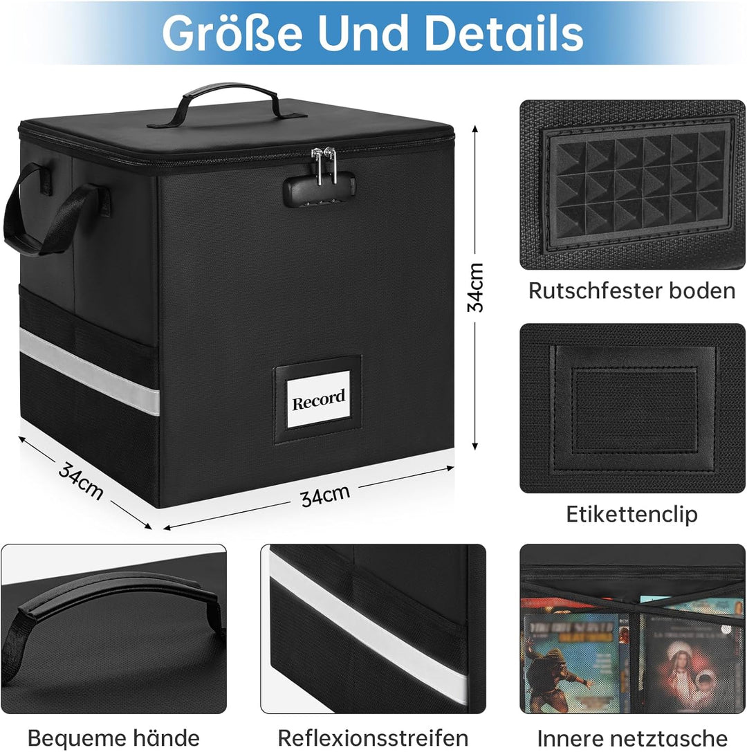 Feuerfeste Vinyl-Schallplatten-Aufbewahrungsbox mit Schloss, wasserfeste Klappbare LP-Schallplatten-