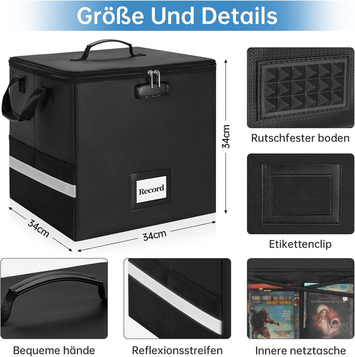 Feuerfeste Vinyl-Schallplatten-Aufbewahrungsbox mit Schloss, wasserfeste Klappbare LP-Schallplatten-