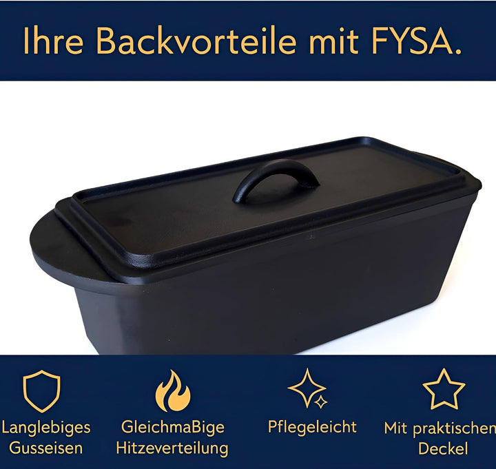 Brotbackform mit Deckel Gusseisen 3L – 28cm – Rechteckiger Bräter für Kastenbrot & Sauerteig, geeign