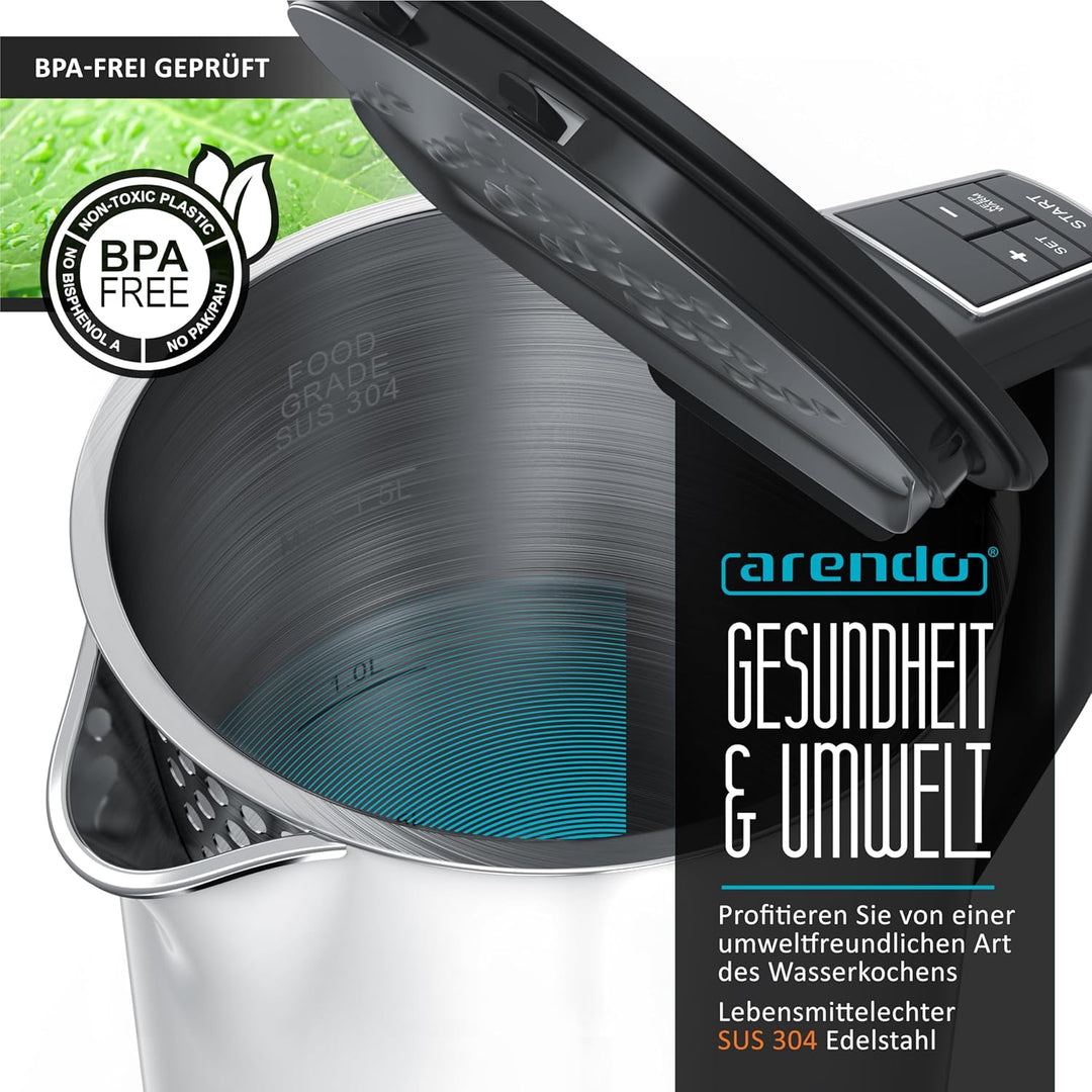 Arendo - Edelstahl Wasserkocher mit Temperatureinstellung 40-100 Grad in 5er Schritten - Doppelwand