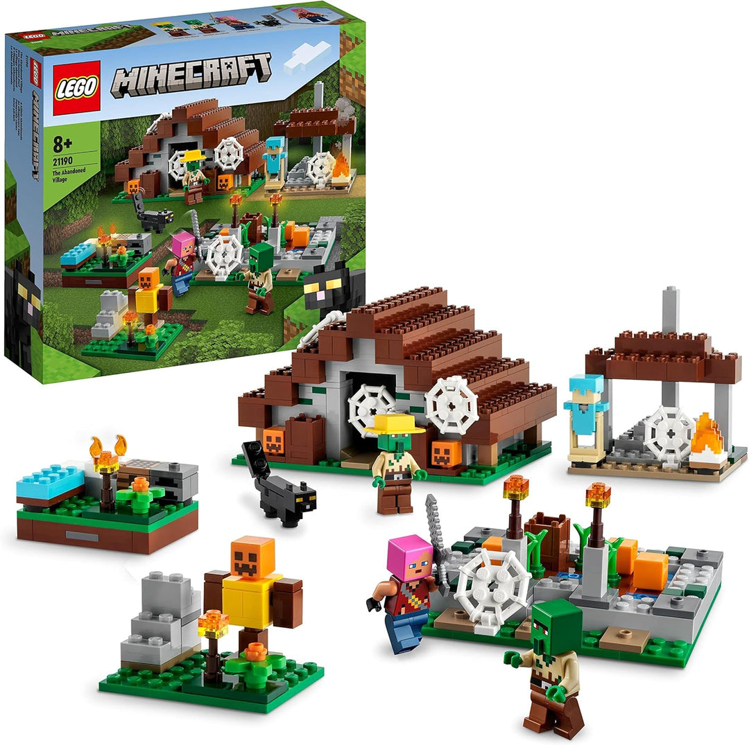 LEGO 21190 Minecraft Das verlassene Dorf, Spielzeug mit Zombiejäger Lager, Werkstatt, Farm und Haus