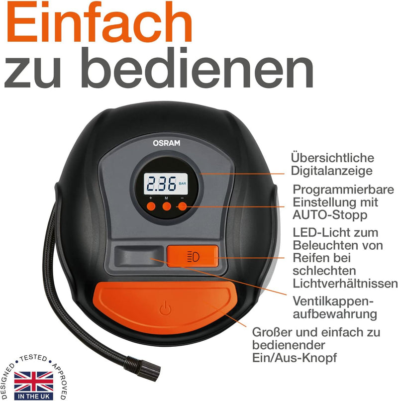 OSRAM TYREinflate DIGITAL, 12V Luftkompressor, tragbarer Kompressor, Auto-Stopp, LED Licht, elektris