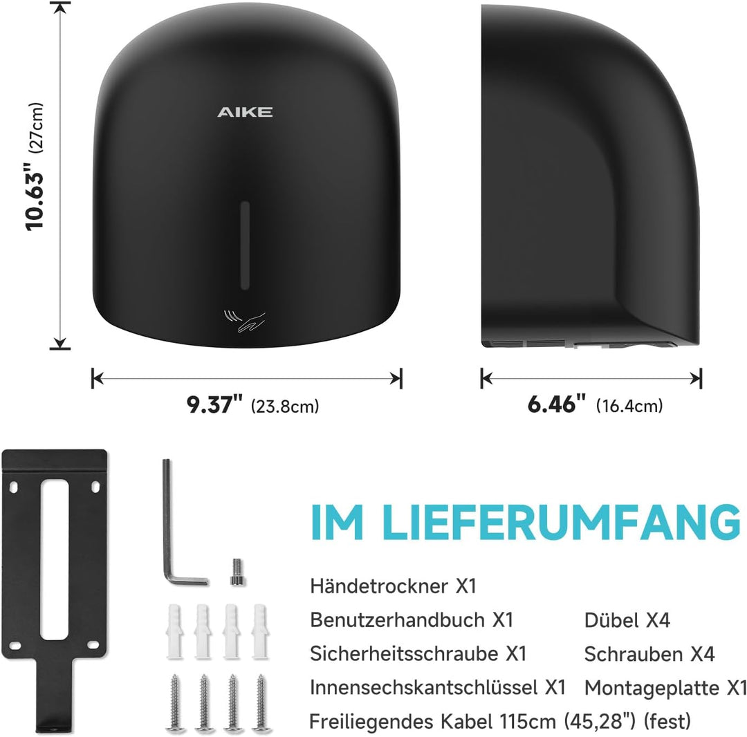 AIKE GentleAir Warmluft Handtrockner, Leise für Zuhause & Bäder, AC220V-240V, Mitternacht Schwarz, M
