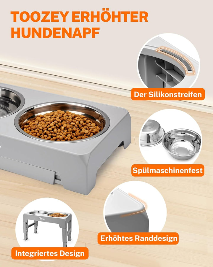 Toozey Hundenapf, Futterstation mit 2X 1200ml Edelstahlnäpfen, für mittlere & grosse Hunde，4 Höhenve