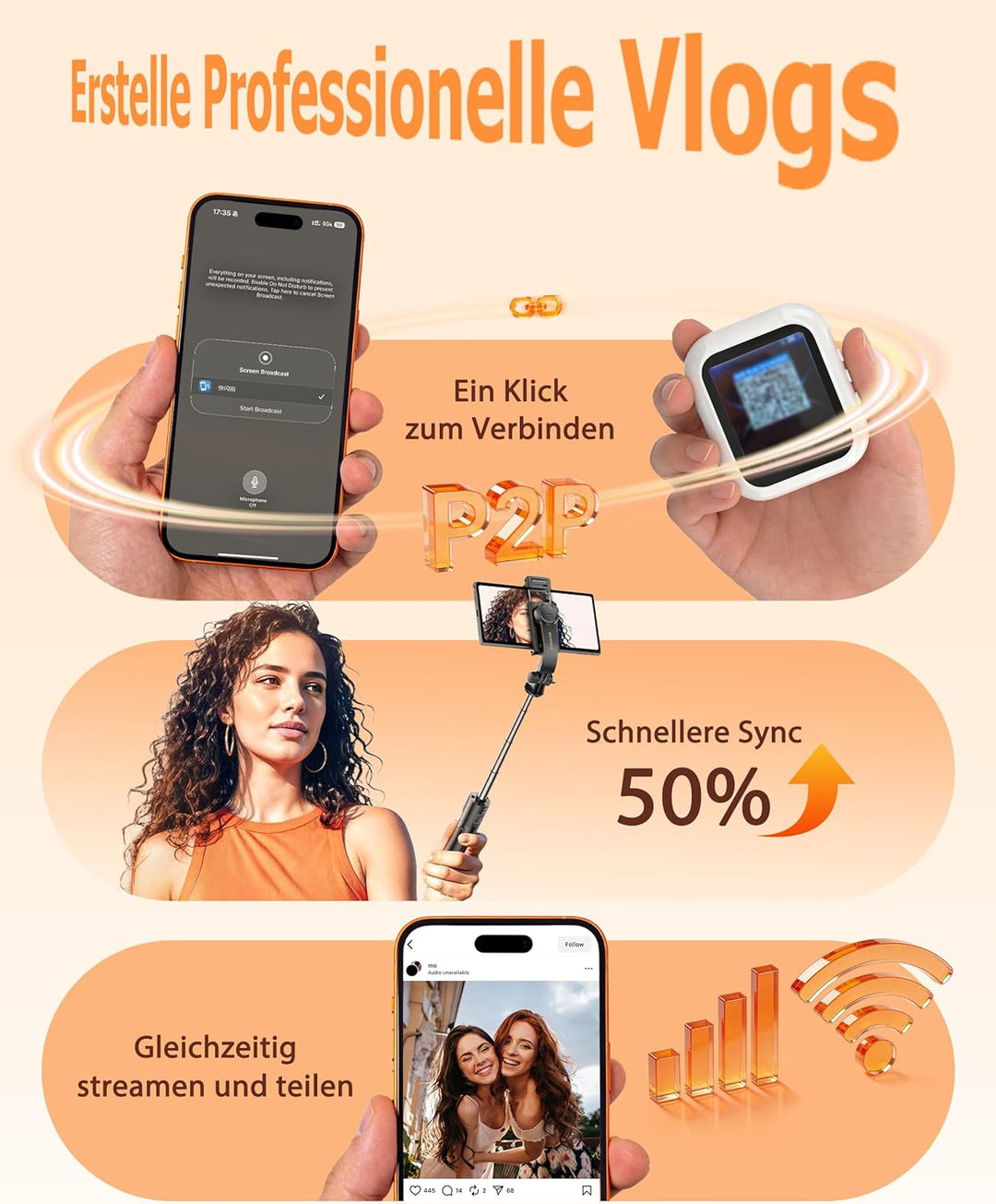 Handy Selfie Monitor für i-Phone/Android, Kabellos Magnetischer Vlog Selfie Monitor Bildschirm, Wire