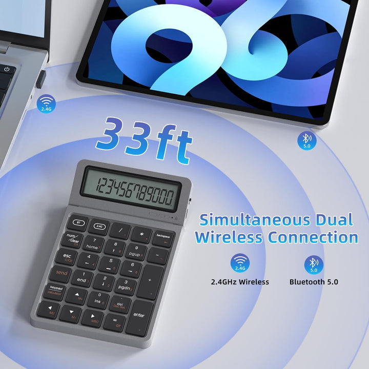 2-in-1 Wireless Bluetooth Number Pad, Bluetooth 5.0 &amp; 2.4G Numeric Keypad with Calculator &amp; Adjustab