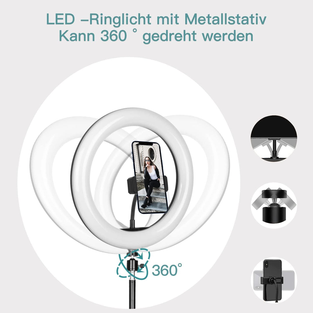 LED Ringlicht mit Stativ Handy, 10" Selfie Ringleuchte mit Fernbedienung und Doppel Handyhalter mit