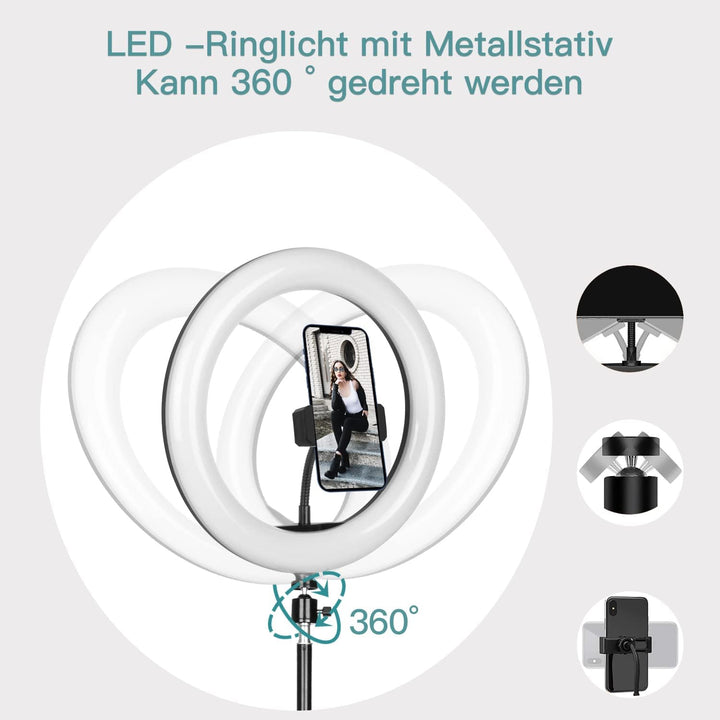 LED Ringlicht mit Stativ Handy, 10" Selfie Ringleuchte mit Fernbedienung und Doppel Handyhalter mit