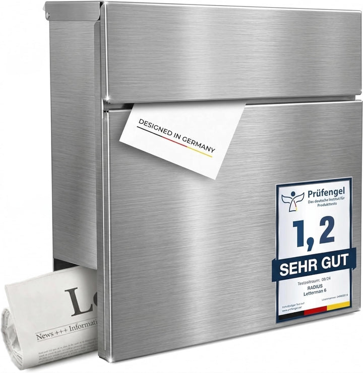 Radius Designer Briefkasten Edelstahl – Letterman 6 Basic – Edelstahl V2A Wandbriefkasten mit Zeitun