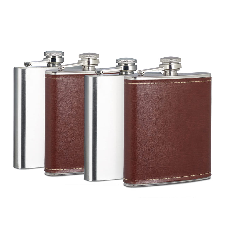 4x Flachmann 200 ml, 2 Taschenflaschen mit Kunstleder Hülle, 2 kleine Flachmänner aus Edelstahl, für