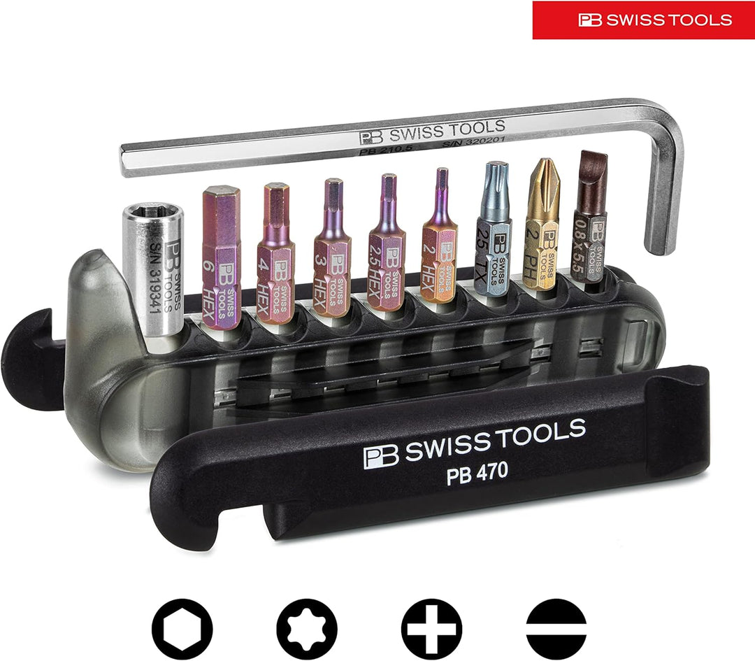 PB Swiss Tools Fahrrad Multitool PB 470-100% Swiss Made - Multitool Werkzeug mit Bits, Winkelschraub