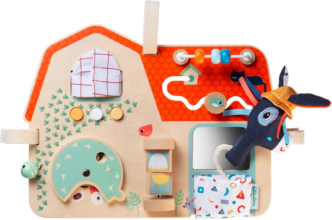 Lilliputiens - Baby-Aktivitätstafel - Thema Bauernhof - Holzspielzeug mit 8 sensorischen Aktivitäten