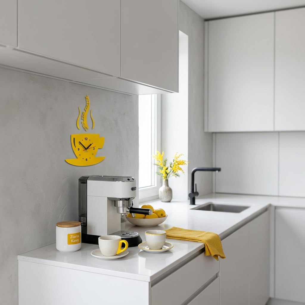FLEXISTYLE Tasse Time for Coffee (Zeit für Kaffee) Moderne Küche Wanduhr, Zitronengelb, 3D römisch,