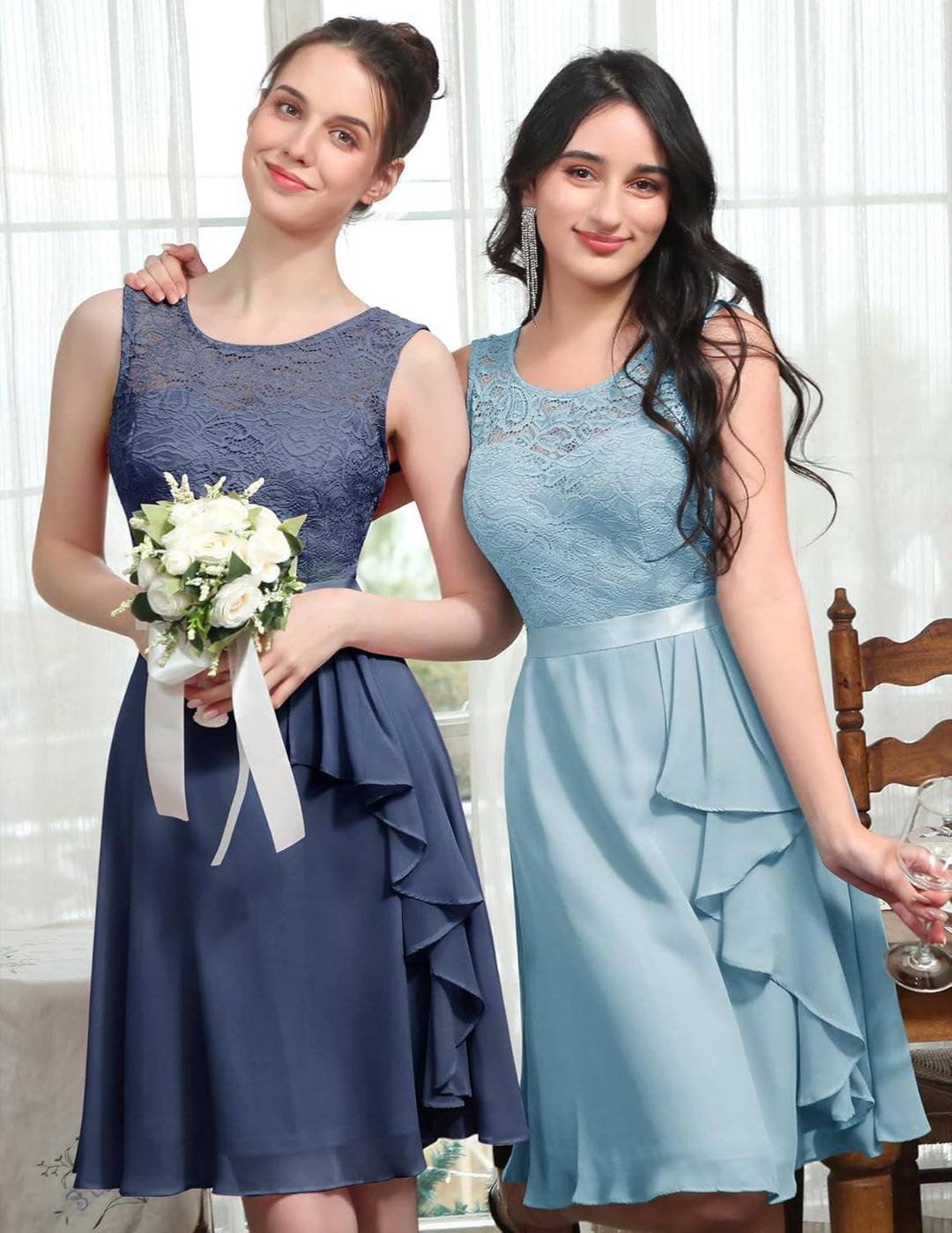 Berylove Kleid mit Rüschensaum Cocktailkleid Damen Elegant für Hochzeit Abendkleid Kurz Blau 3XL, Bl