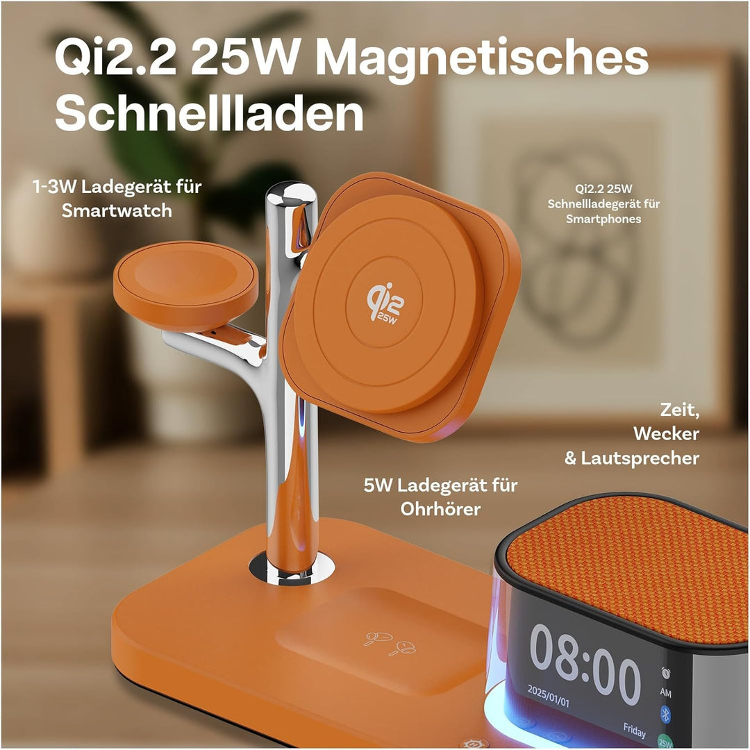 Kabellose Ladestation 5-in-1 mit Wecker, Bluetooth-Lautsprecher & LED-Nachtlicht für MagSafe von MMO