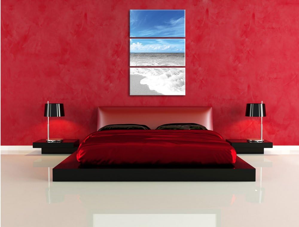 Pixxprint Sandstrand mit Welle bei azurblauen Himmel 3-Teiler Leinwandbild 120x80 Bild auf Leinwand