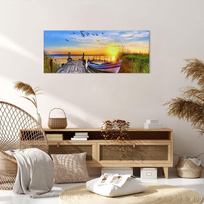 Wandbilder Dekoration Wohnzimmer See Boot Wasser Panorama Bilder auf Leinwand 120x50cm Leinwandbild