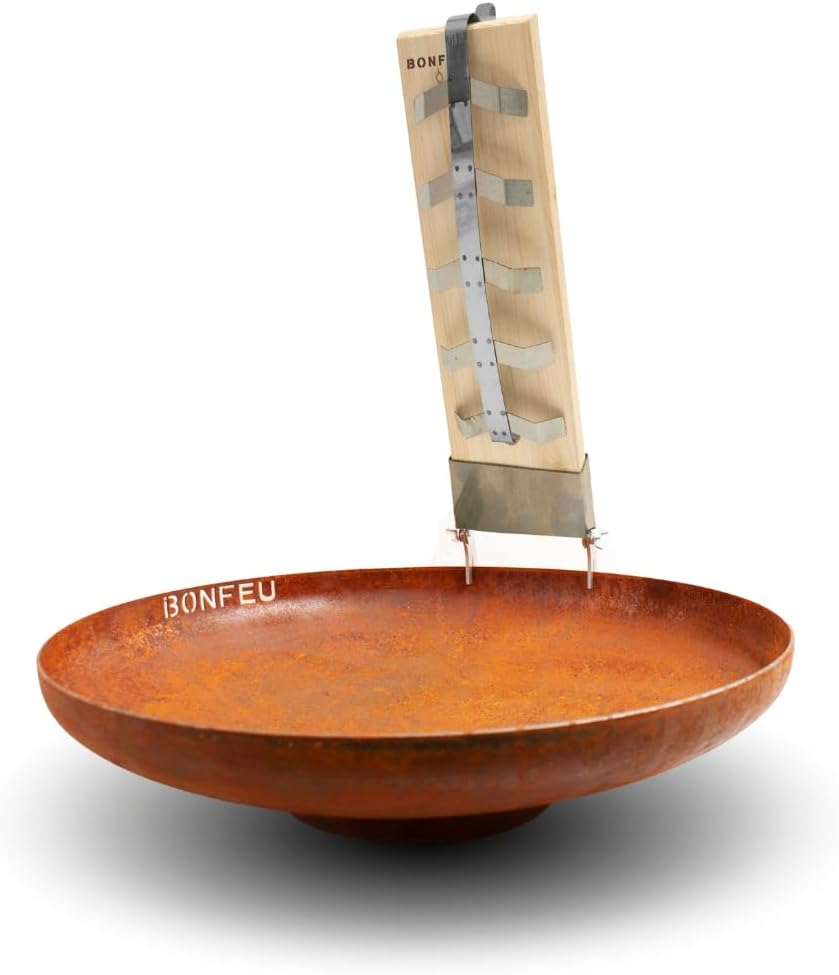 BonFeu Flammlachsbrett Braun - Holz - Stahl - Flammlachsbrett für Fisch Zubehör - 46x14x2 cm
