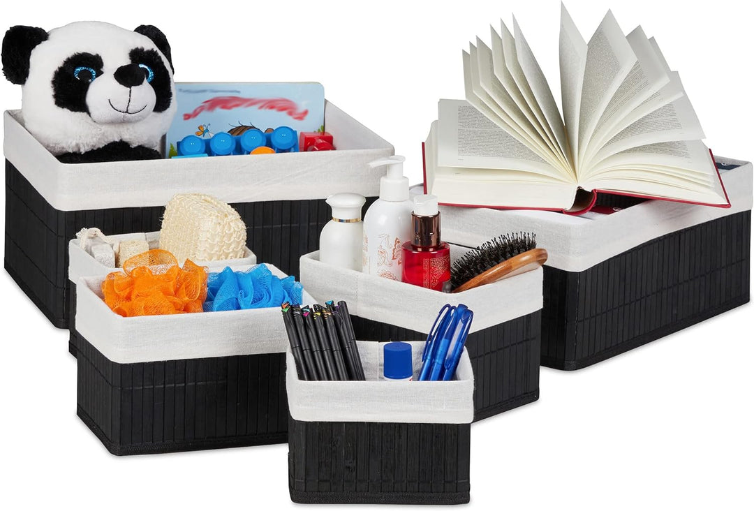 Relaxdays Aufbewahrungskorb 6er Set, Stoffbezug, Bambus, rechteckig, Bad, Accessoires, dekorativer O