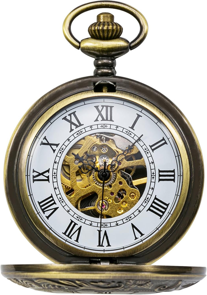 TREEWETO Unisex Taschenuhr mit Kette Analog Handaufzug Doppelscharnier Römische Ziffern Gold/Silber