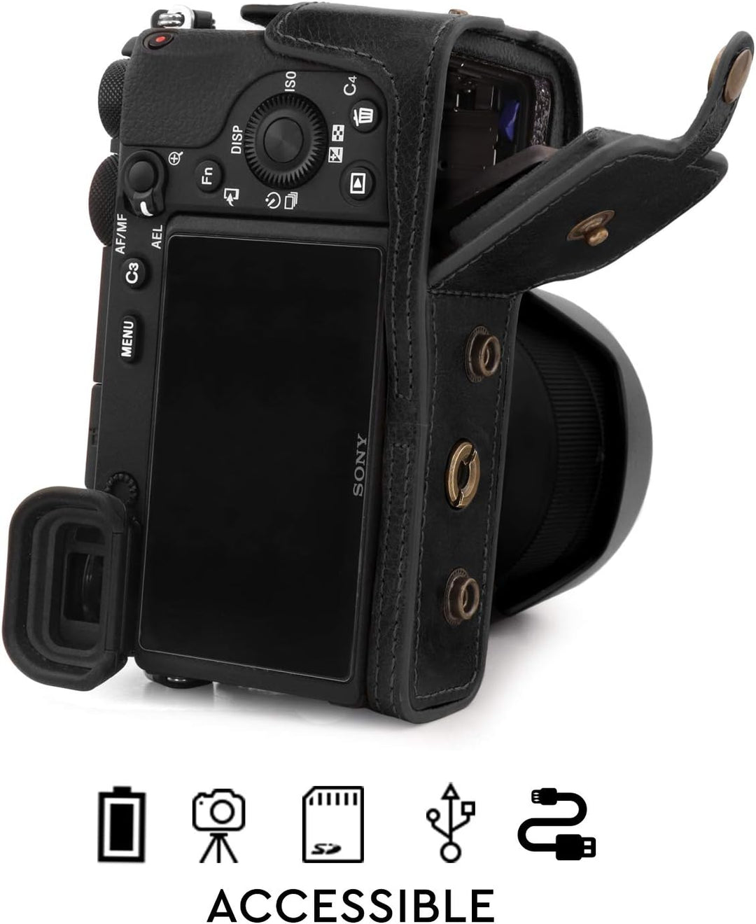 MegaGear Ever Ready Echtleder Kameratasche mit Trageriemen kompatibel mit Sony Alpha A6600 Schwarz,