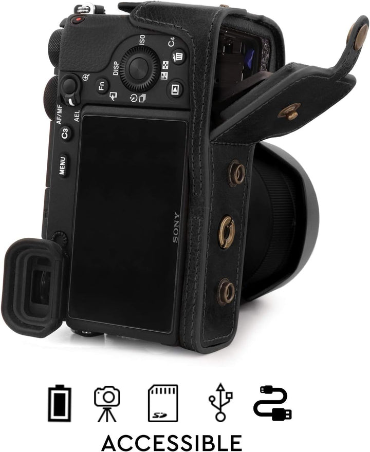 MegaGear Ever Ready Echtleder Kameratasche mit Trageriemen kompatibel mit Sony Alpha A6600 Schwarz,