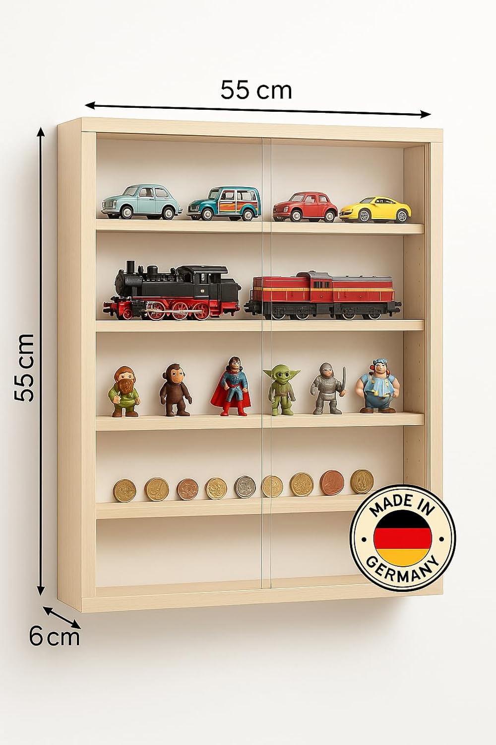 Alsino Vitrine V-47 Setzkasten Wandvitrine Hängevitrine Regal 55 x 55 x 6 mit Acrylglasscheibe - 4 E