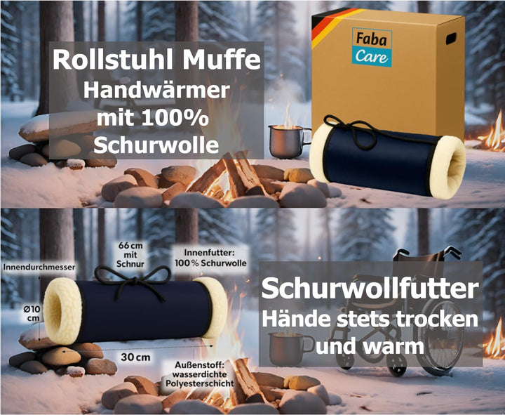 Handmuffen für Rollstühle – Woll-Handwärmer mit 100% Schurwoll-Innenfutter, wetterfester Muffhandsch