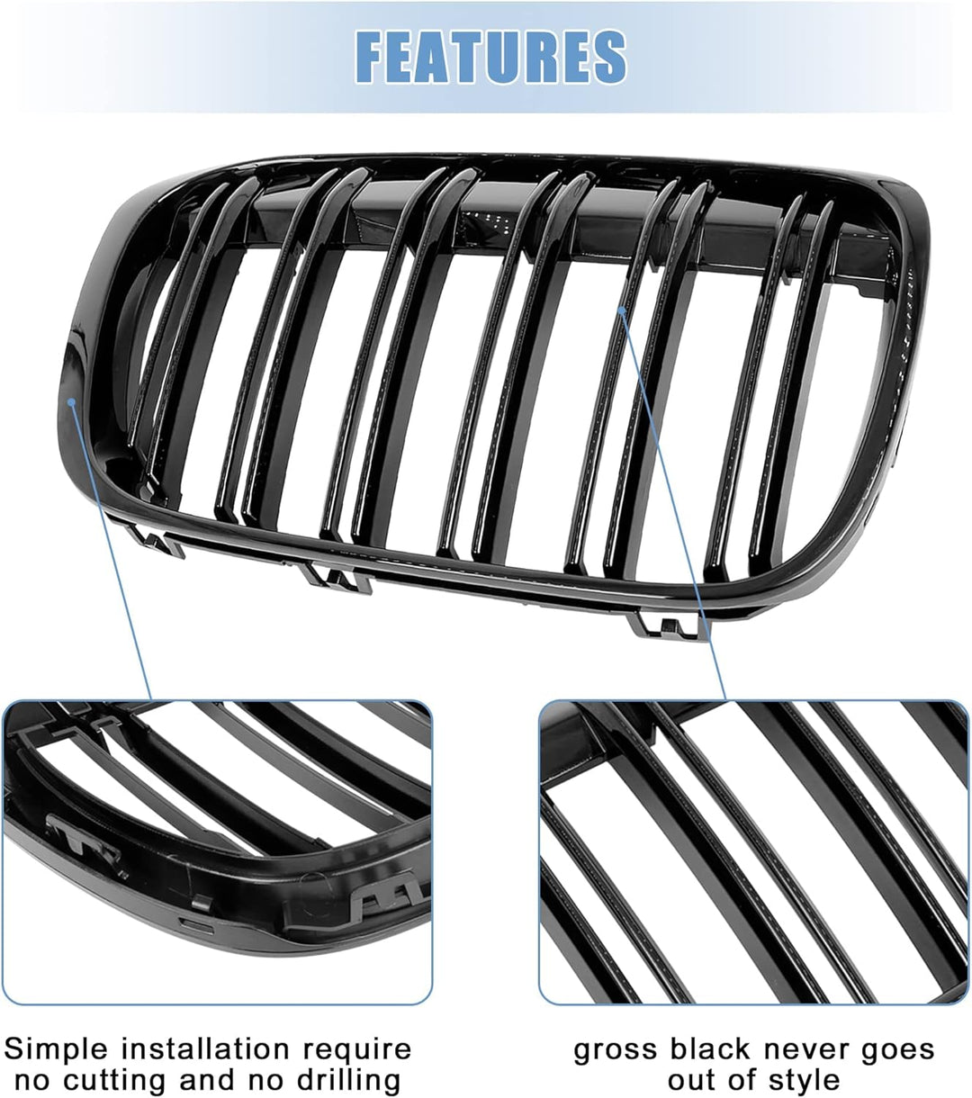 Gangying Kühlergrill Passend für BMW X1 F48 F49 2016 2017 2018 2019 Schwarz Glanz Kühler Front Doppe