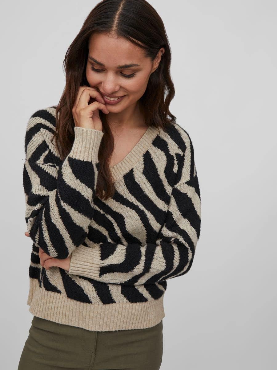 Vila Damen Viril Feami Mix V-Neck L/S Knit Top-noos Pullover XL Natural Melange/Pattern:with Black,