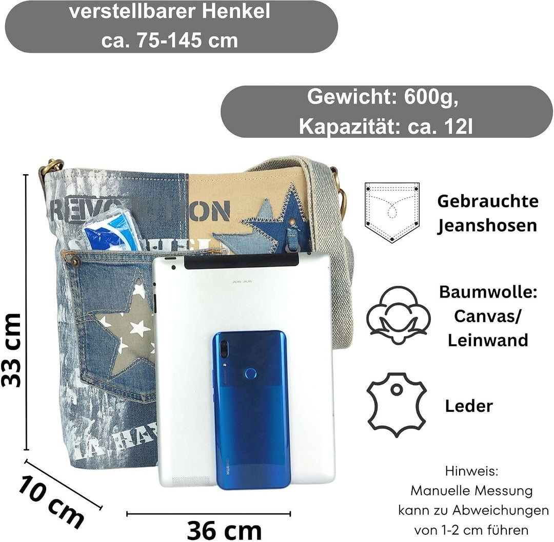 Sunsa Damen Tasche. Nachhaltige Umhängetasche. Handtasche aus recycelte Jeans &amp; Canvas Schultertasch