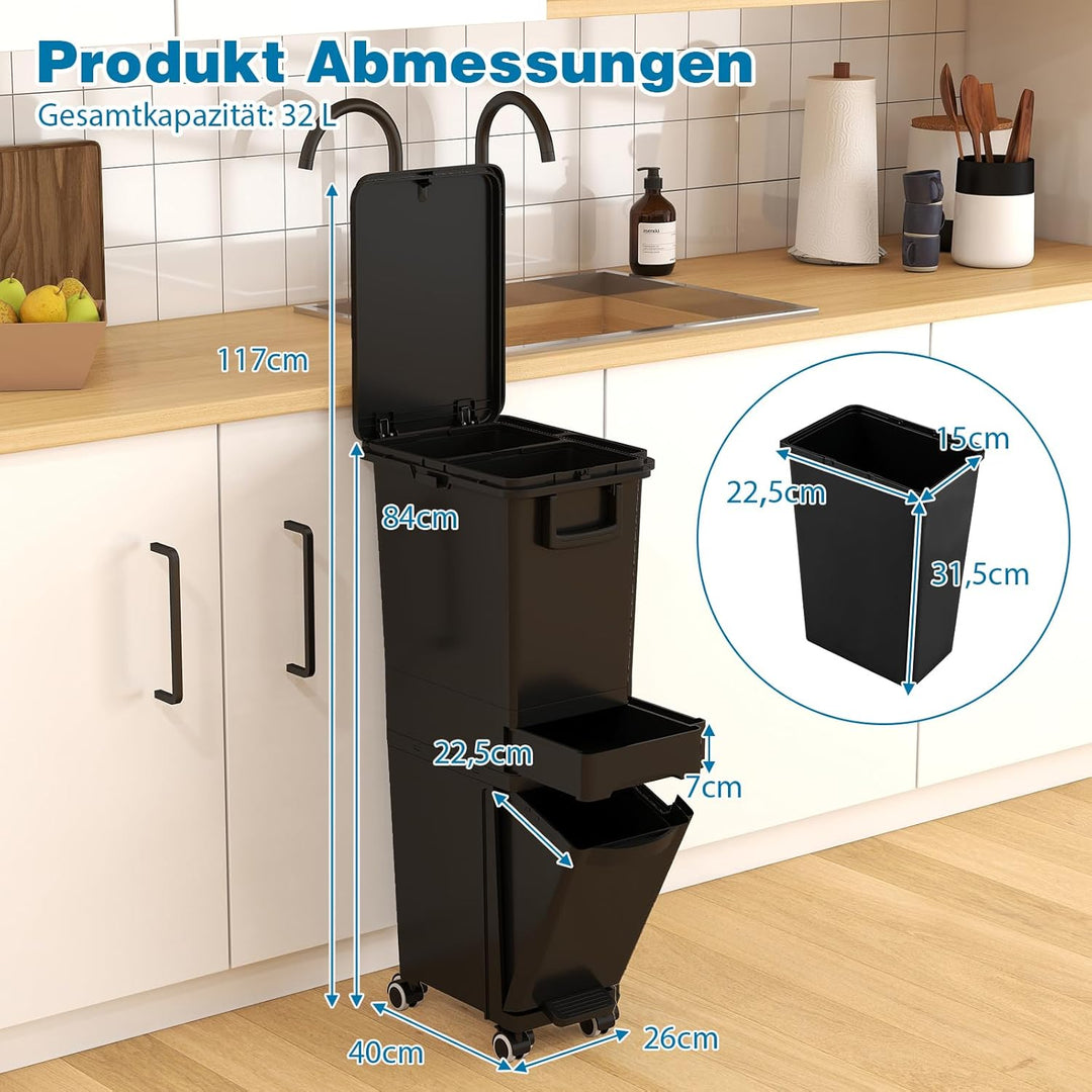 GOPLUS Mülleimer 3 Fächer, 32L Abfalleimer Küche mit Rollen, Mülltrennsystem mit Kippbehälter, Decke