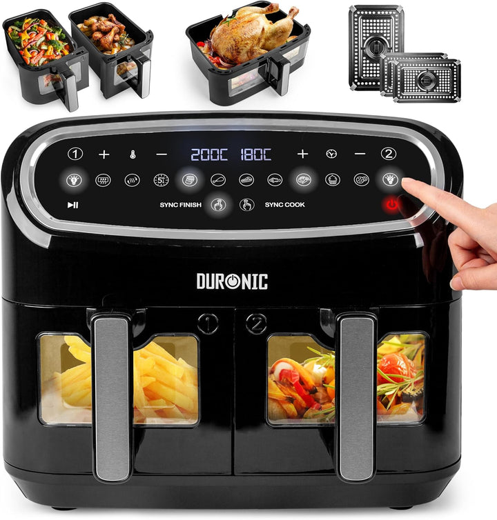 Duronic AF34 BK Heissluftfriteuse, XXL Heissluftfritteuse mit 2 Kammern für Pommes, Friteuse HLF 10L