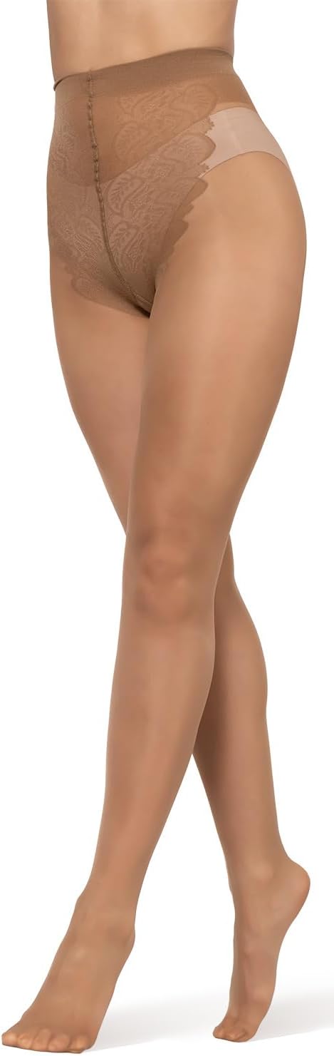BANANALU 40 Den Spitzen Strumpfhose Bikinihöschenteil Mattoptik S Caramel - 3er Set, S Caramel - 3er