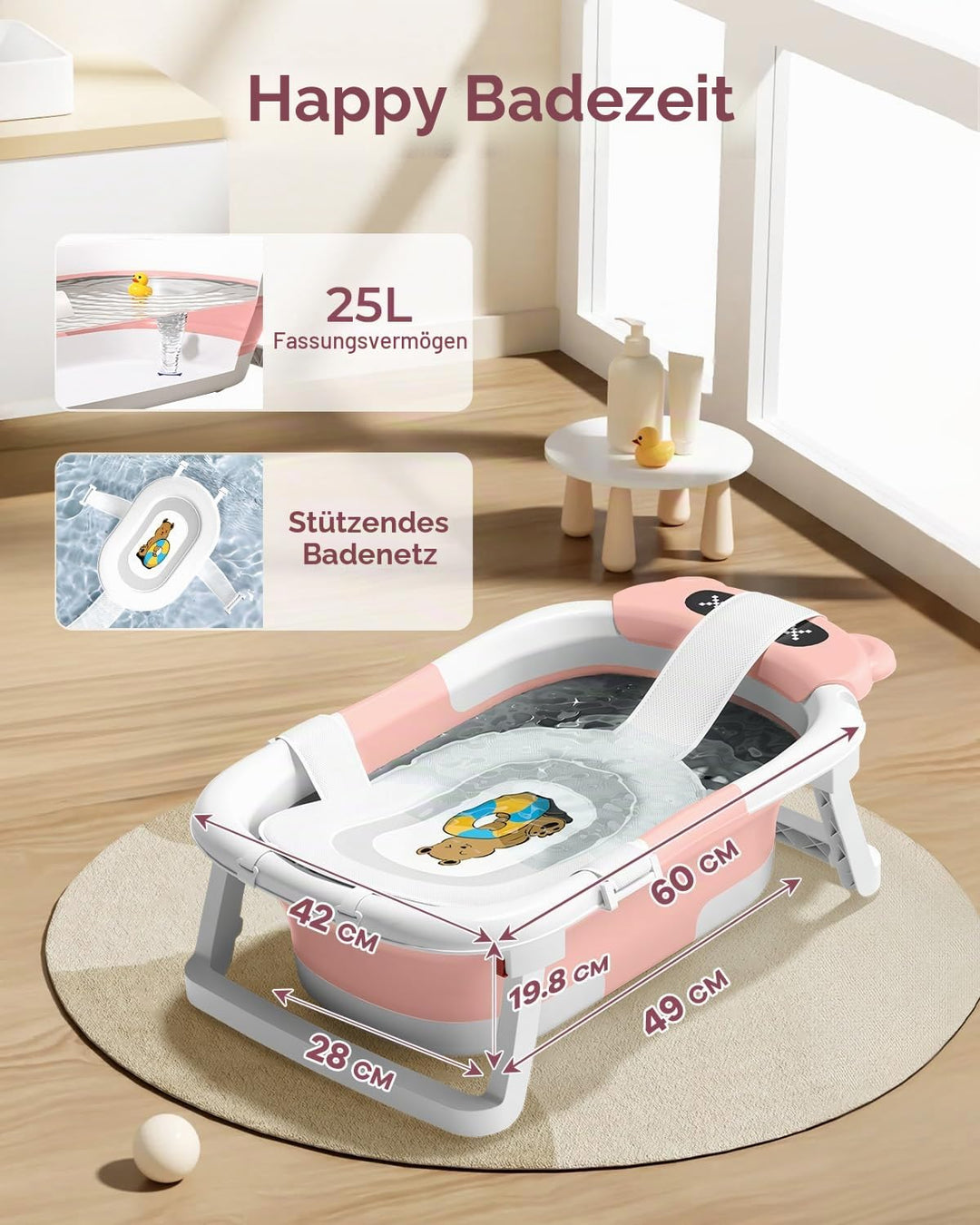 COOSEYA Baby Badewanne mit Gestell für 0-18 Monate, Faltbare Babybadewanne mit Stützpolster und Temp