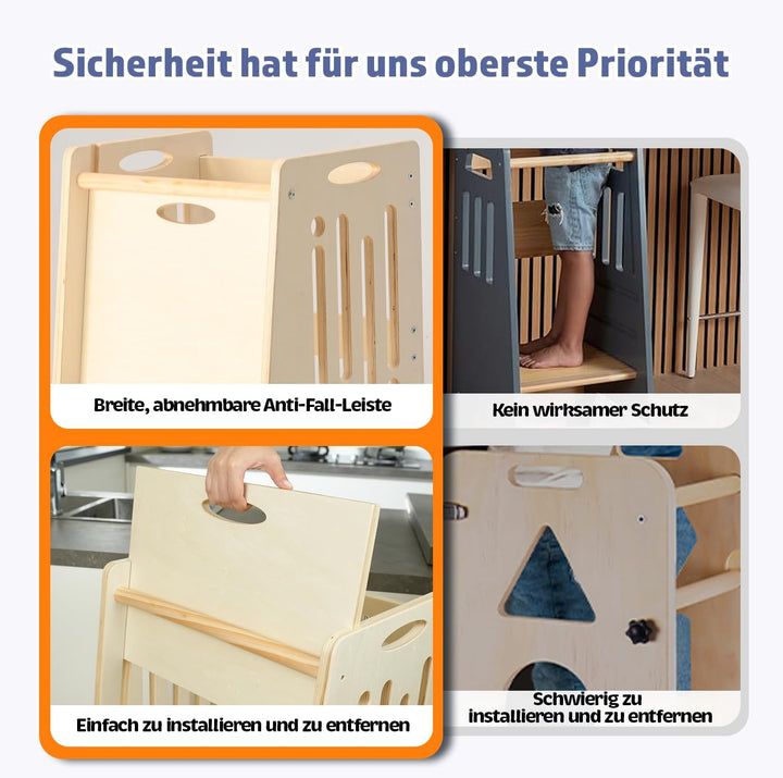 Kleinkind Tritthocker Kinderhocker, Toddler Tower & Lernhocker mit Sicherheitsbarriere, Kippschutz u