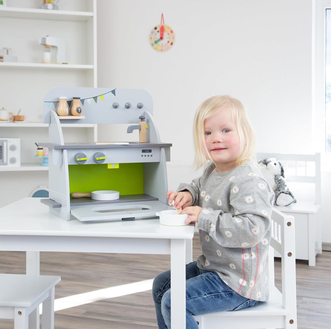 small foot Kinderküche "Kompakt" aus Holz, mit Backofen, Drehknöpfen, Topf, Pfanne und Küchenhelfer,