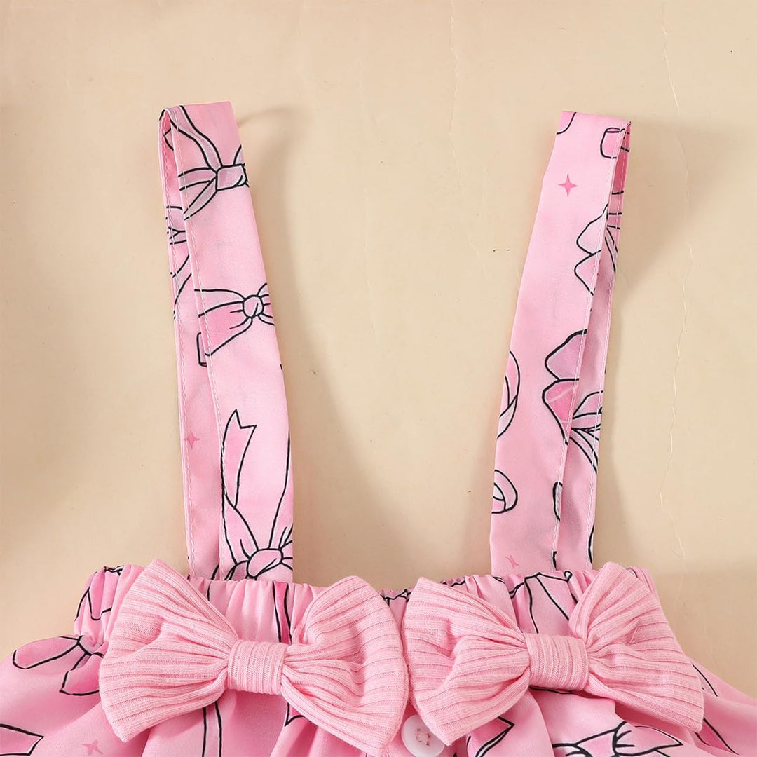 Neugeborenes Baby Mädchen Röcke Sets Kurzarm Rüschen Top + Bedrucktes Overalls Hosenträger Kleid + S