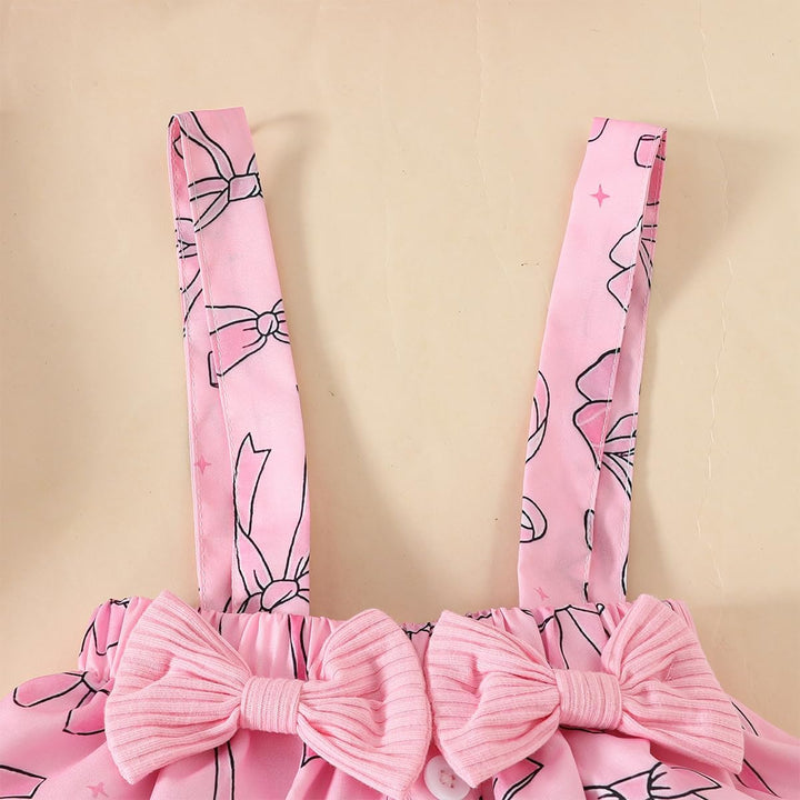 Neugeborenes Baby Mädchen Röcke Sets Kurzarm Rüschen Top + Bedrucktes Overalls Hosenträger Kleid + S