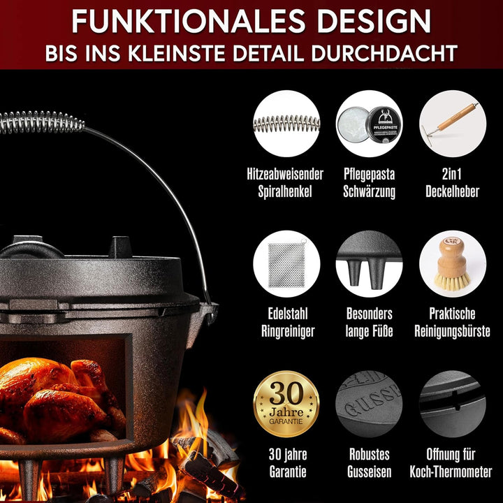Dutch Oven Set–Eingebrannter Dutch Oven 9L [6–10 Person]–Feuertopf Gusseisen mit Füssen–Schmortopf D