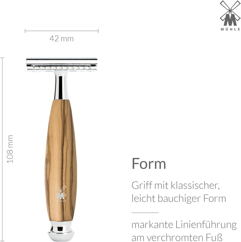 MÜHLE Vivo Rasierset - Rasierhobel, Rasierpinsel mit reinem Dachshaar, Halterung mit Schale, Griffe